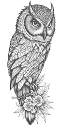 forest, feathers falling, small owl  tattoo design idea