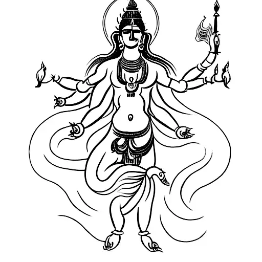 A minimalist tattoo of Devi Durga with multiple arms and a fierce expression tattoo design idea