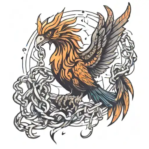 Tattoo on the forearm, a phoenix in chains and shackles that tries to escape and burns tattoo design idea