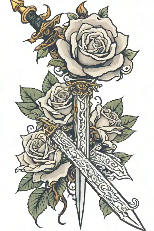 roses sword destiny word written tattoo design idea