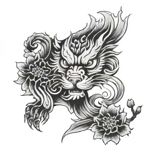 Fu dog and crane bird surrounded by cherry blossoms and waves tattoo design idea
