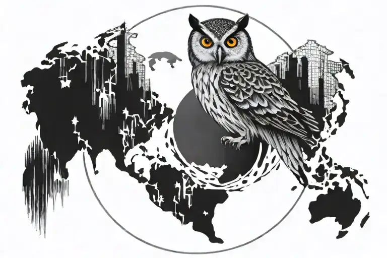 An owl perched on a globe, representing the client's passion for learning, travel, and animals tattoo design idea