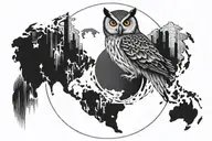 An owl perched on a globe, representing the client's passion for learning, travel, and animals tattoo design idea