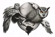 An owl perched on a globe, representing the client's passion for learning, travel, and animals tattoo design idea