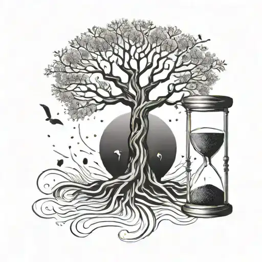 tree of life with hour glass with sand falling tattoo design idea