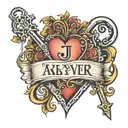 Heart & Key with initials J & T inside heart and Always & Forever written underneath  tattoo design idea