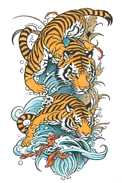Tiger and kingfisher diving into water tattoo design idea