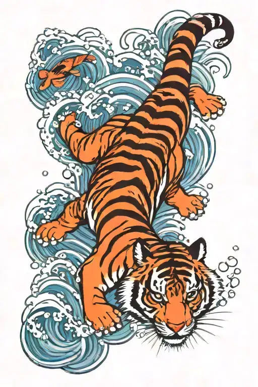 Tiger and kingfisher diving into water tattoo design idea