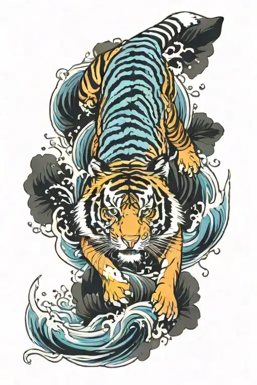 Tiger and kingfisher diving into water tattoo design idea
