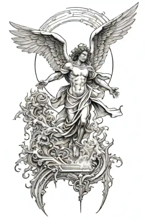 Angel flying out of the gates of hell towards heaven tattoo design idea