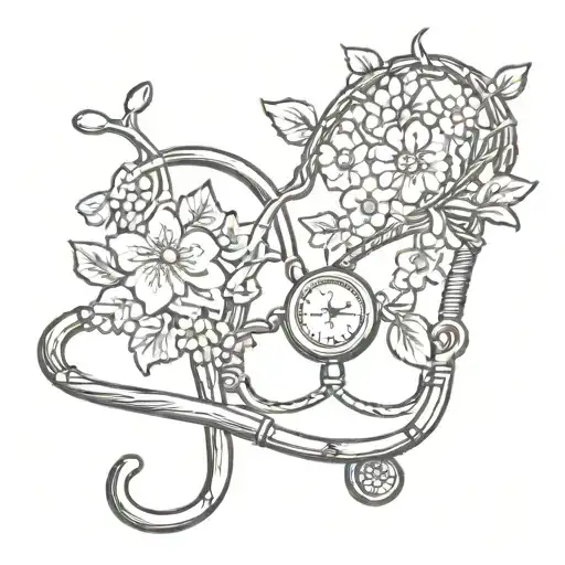 A stethoscope intertwined with vines and flowers, with a heart-shaped locket hanging from it tattoo design idea