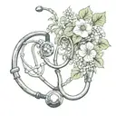 A stethoscope intertwined with vines and flowers, with a heart-shaped locket hanging from it tattoo design idea