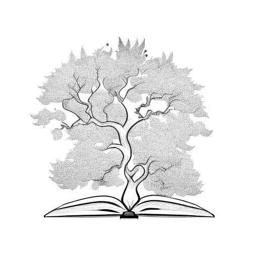 A magical tree growing out of an open book tattoo design idea