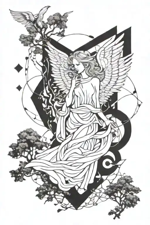 Seraphim angel, surrealism, geometric, forest background, black work.  tattoo design idea