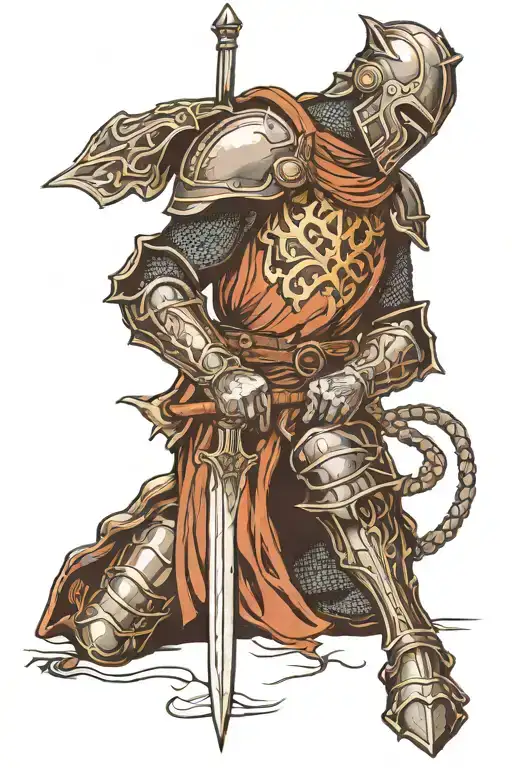 terrified man kneeling knight tattoo design idea