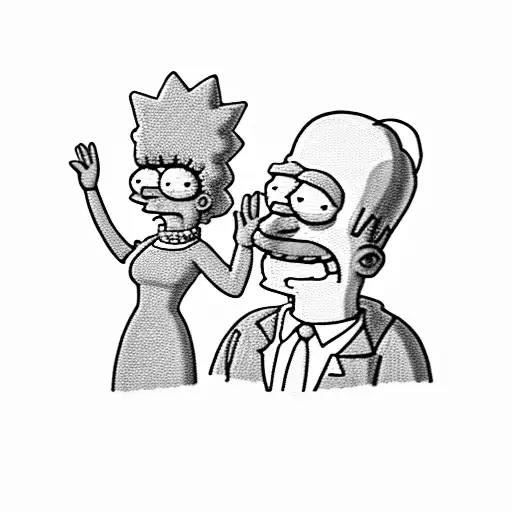A black-grey portrait of Marge Simpson and Homer Simpson holding hands tattoo design idea