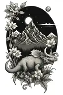 mountains with river with narcissus flowers with bookshelf with triceratops skull tattoo design idea