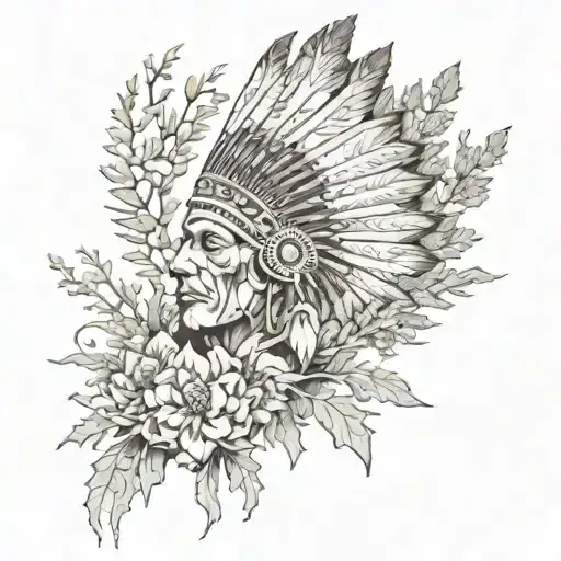 full sleeve with headdress and Indian paintbrush and sagebrush   tattoo design idea