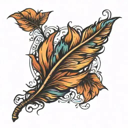 feather with leaves falling tattoo design idea