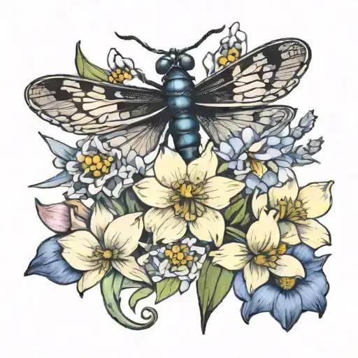 narcissus, sweet pea  larkspur and a dragonfly tattoo design idea