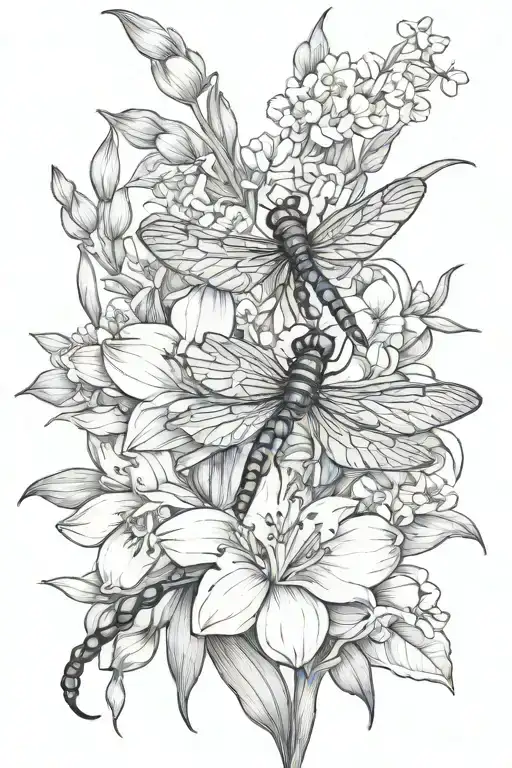 narcissus, sweet pea  larkspur and a dragonfly tattoo design idea