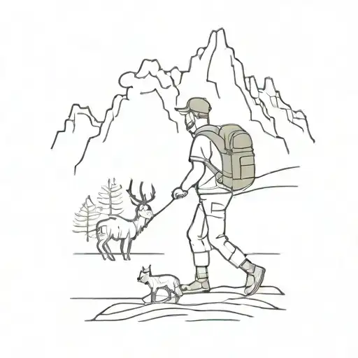 travel tattoo mountains, river with antelope and a male with trekking shoes, backpack and a motorbike  tattoo design idea