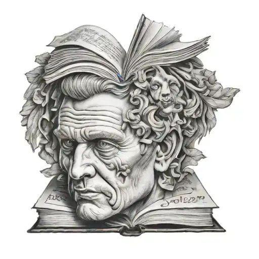 Caesar's head tattoo holding open book surrounded  tattoo design idea