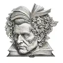 Caesar's head tattoo holding open book surrounded  tattoo design idea