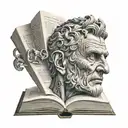 Caesar's head tattoo holding open book surrounded  tattoo design idea
