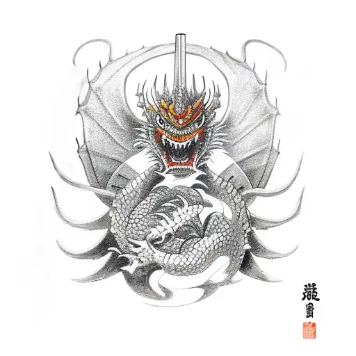 a small samurai with a  drawn and in a fighting stance fighting a huge scary dragon with wings and spikes on the dragon  tattoo design idea
