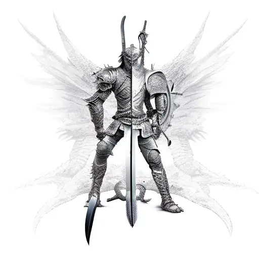 a warrior with a sword drawn and in a fighting stance fighting a huge scary dragon with wings and spikes on the dragon  tattoo design idea