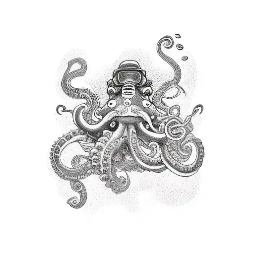 scuba diver with a sunken ship with octopus tattoo design idea