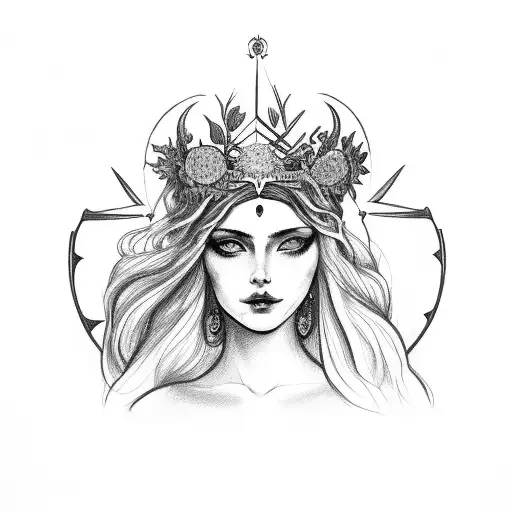 goddess Persephone with her wearing a crown holding a skull in one hand with two pomegranates and flowers around the hea tattoo design idea