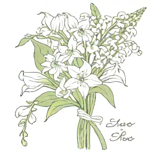  birth flower boquet which includes the following flowers: lily of valley (for may), sweet pea (for april), narcissus tattoo design idea