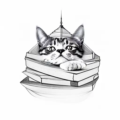 Stack of books with a cat resting on top tattoo design idea