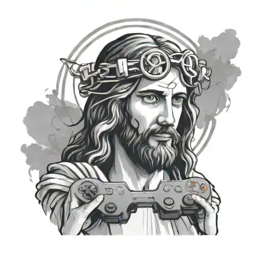 A portrait of Jesus with a halo made of game controllers and keys, blending the client's love for gaming and faith tattoo design idea