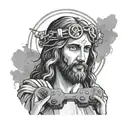 A portrait of Jesus with a halo made of game controllers and keys, blending the client's love for gaming and faith tattoo design idea