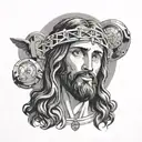 A portrait of Jesus with a halo made of game controllers and keys, blending the client's love for gaming and faith tattoo design idea