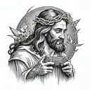 A portrait of Jesus with a halo made of game controllers and keys, blending the client's love for gaming and faith tattoo design idea