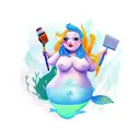 A chubby mermaid holding a paintbrush and surrounded by various animals tattoo design idea