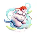 A chubby mermaid holding a paintbrush and surrounded by various animals tattoo design idea