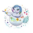 A chubby mermaid holding a paintbrush and surrounded by various animals tattoo design idea