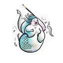 A chubby mermaid holding a paintbrush and surrounded by various animals tattoo design idea