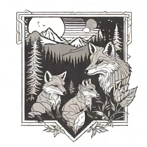 Fox and bear cub at night next to a campfire, admiring a mountain and forest landscape from behind tattoo design idea