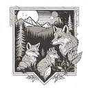 Fox and bear cub at night next to a campfire, admiring a mountain and forest landscape from behind tattoo design idea