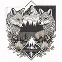 Fox and bear cub at night next to a campfire, admiring a mountain and forest landscape from behind tattoo design idea
