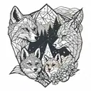 Fox and bear cub at night next to a campfire, admiring a mountain and forest landscape from behind tattoo design idea