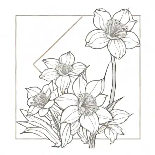 Create a bouquet of flowers with one narcissus in the middle, a carnation and a rose above it, and a snowdrop, a violet, tattoo design idea