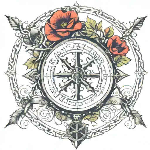 Celtic Life Tree, remembrance poppies, knights sheild, nautical compass, dyslexia symobol, justitiae tenax family mott tattoo design idea
