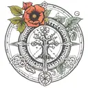 Celtic Life Tree, remembrance poppies, knights sheild, nautical compass, dyslexia symobol, justitiae tenax family mott tattoo design idea